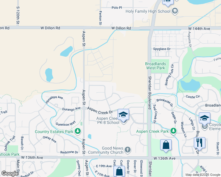 map of restaurants, bars, coffee shops, grocery stores, and more near 14035 Willow Wood Court in Broomfield