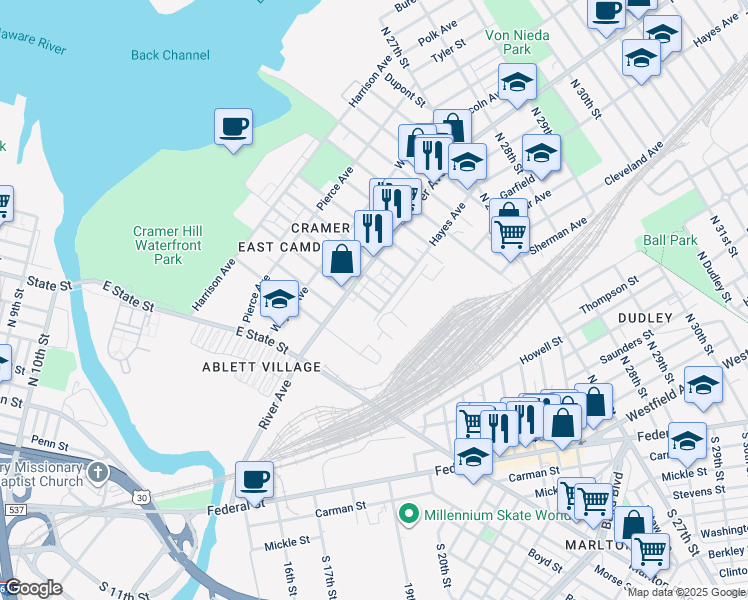 map of restaurants, bars, coffee shops, grocery stores, and more near 916 North 19th Street in Camden