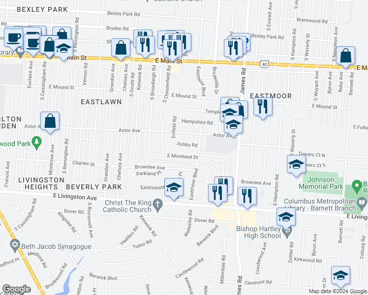map of restaurants, bars, coffee shops, grocery stores, and more near 2891 Ashby Road in Columbus