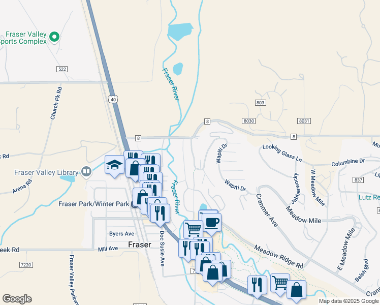 map of restaurants, bars, coffee shops, grocery stores, and more near 640 Wapiti Drive in Granby