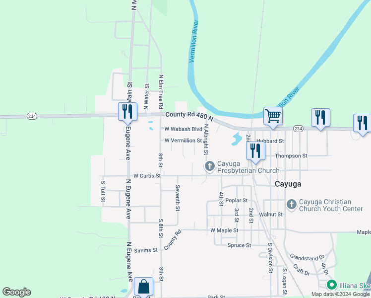 map of restaurants, bars, coffee shops, grocery stores, and more near 218 West Court Drive in Cayuga
