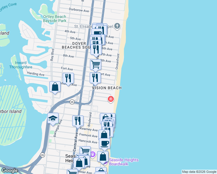 map of restaurants, bars, coffee shops, grocery stores, and more near 16 South Beach Drive in Seaside Heights