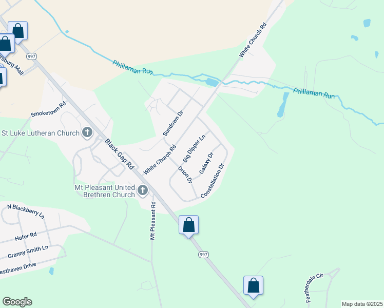 map of restaurants, bars, coffee shops, grocery stores, and more near 2842 Big Dipper Lane in Chambersburg