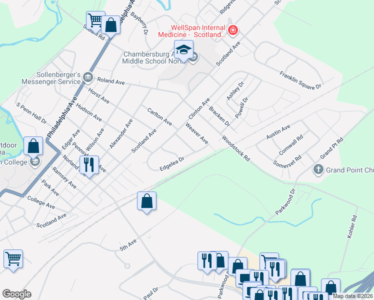 map of restaurants, bars, coffee shops, grocery stores, and more near 530 Mentzer Avenue in Chambersburg