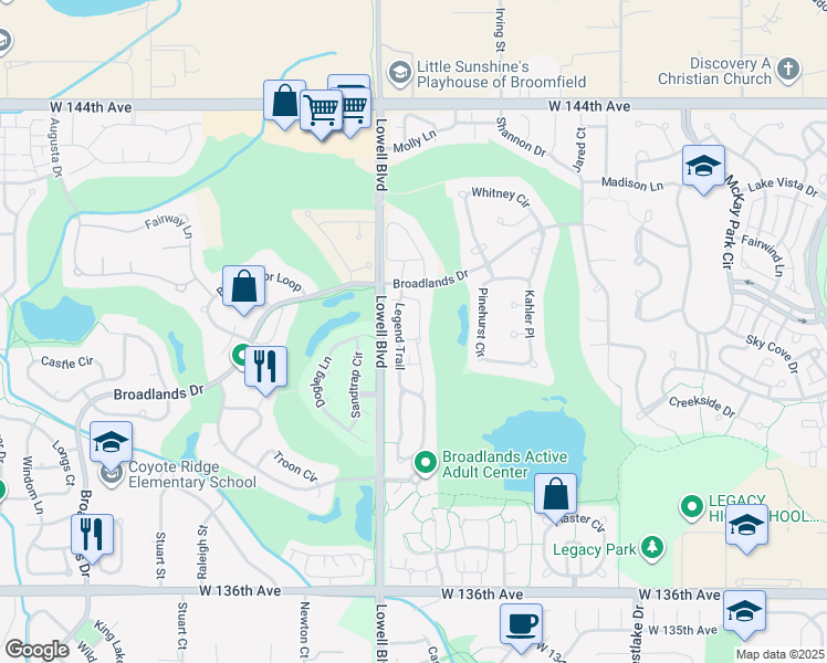 map of restaurants, bars, coffee shops, grocery stores, and more near 13873 Legend Way in Broomfield