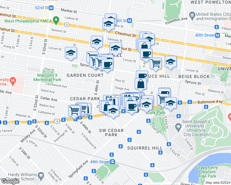 map of restaurants, bars, coffee shops, grocery stores, and more near 4625 Larchwood Avenue in Philadelphia