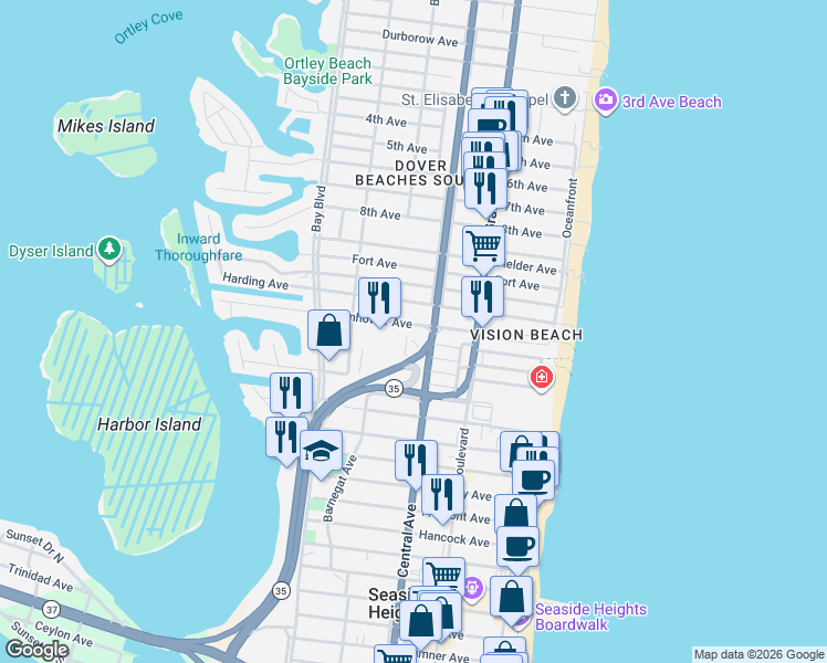 map of restaurants, bars, coffee shops, grocery stores, and more near 209 Eisenhower Avenue in Seaside Heights