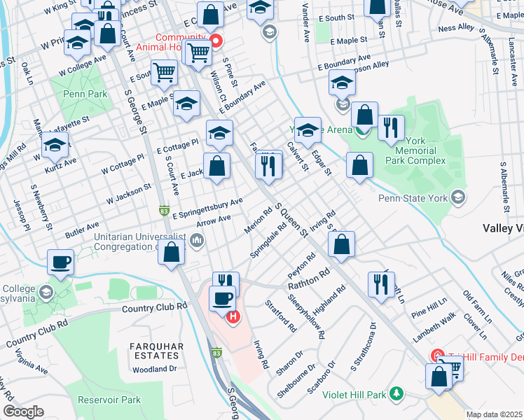 map of restaurants, bars, coffee shops, grocery stores, and more near 171 Merion Road in York