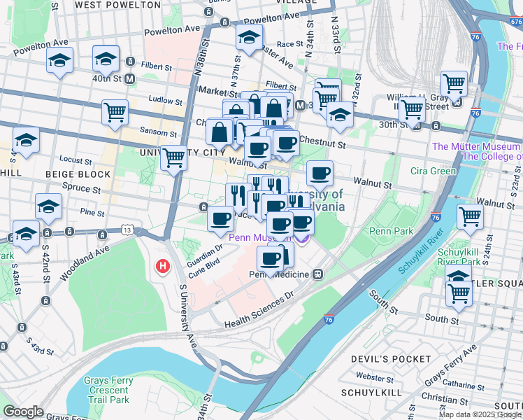 map of restaurants, bars, coffee shops, grocery stores, and more near 3417 Spruce Street in Philadelphia