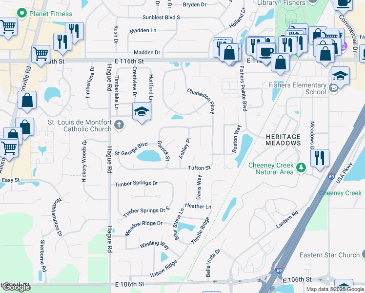 map of restaurants, bars, coffee shops, grocery stores, and more near 11228 Ashley Place in Fishers