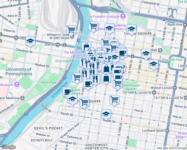 map of restaurants, bars, coffee shops, grocery stores, and more near in Philadelphia