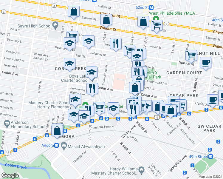 map of restaurants, bars, coffee shops, grocery stores, and more near S 54th St & Cedar Ave in Philadelphia