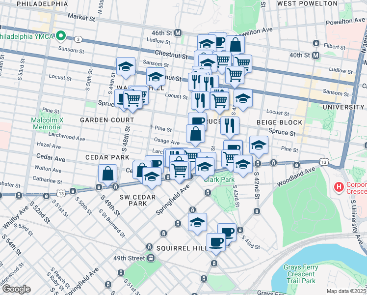 map of restaurants, bars, coffee shops, grocery stores, and more near 416 South 45th Street in Philadelphia