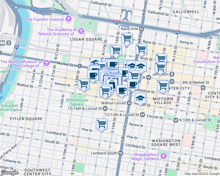 map of restaurants, bars, coffee shops, grocery stores, and more near 1530 Chestnut Street in Philadelphia