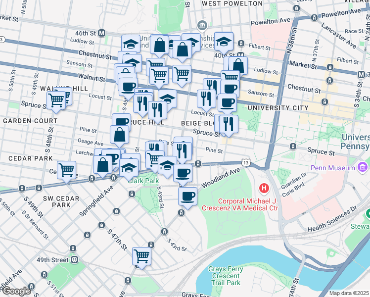 map of restaurants, bars, coffee shops, grocery stores, and more near in Philadelphia