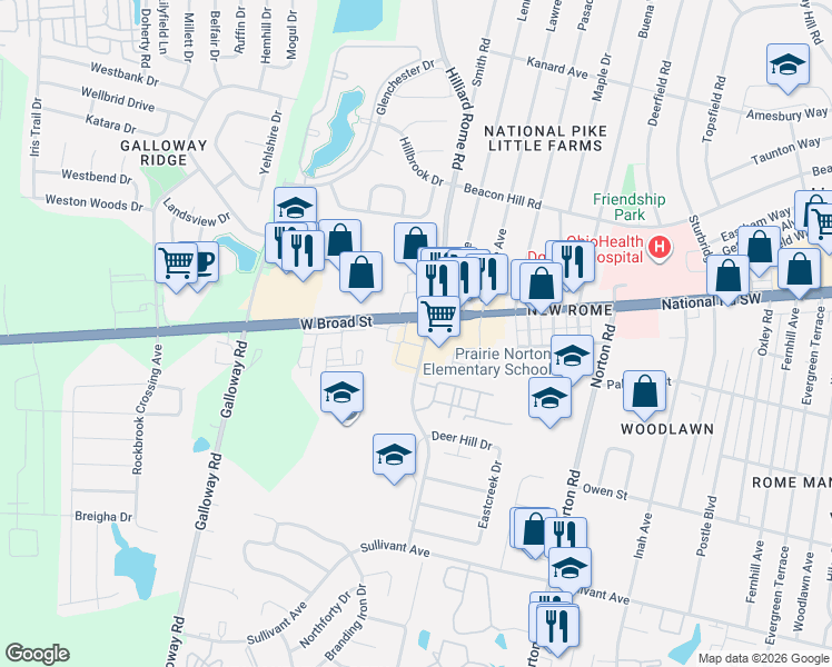 map of restaurants, bars, coffee shops, grocery stores, and more near 5505 West Broad Street in Columbus