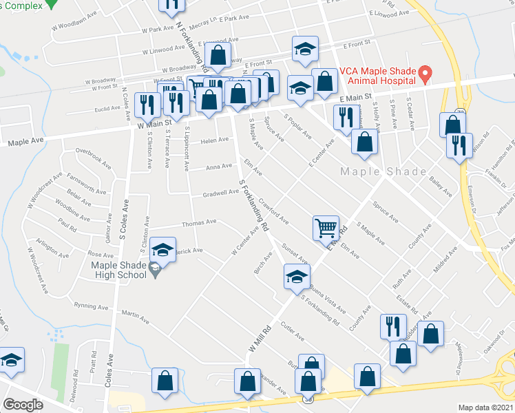 map of restaurants, bars, coffee shops, grocery stores, and more near 239 South Forklanding Road in Maple Shade