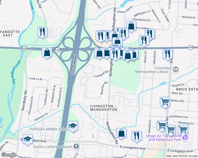 map of restaurants, bars, coffee shops, grocery stores, and more near 1328 Yorkland Road in Columbus