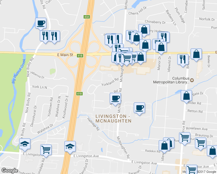 map of restaurants, bars, coffee shops, grocery stores, and more near 1328 Yorkland Road in Columbus