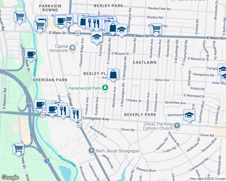 map of restaurants, bars, coffee shops, grocery stores, and more near 901 Montrose Avenue in Columbus