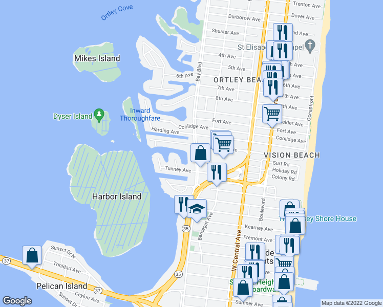 map of restaurants, bars, coffee shops, grocery stores, and more near 1657 Bay Blvd in Seaside Heights