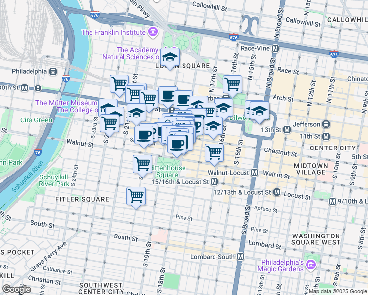 map of restaurants, bars, coffee shops, grocery stores, and more near 123 South 18th Street in Philadelphia