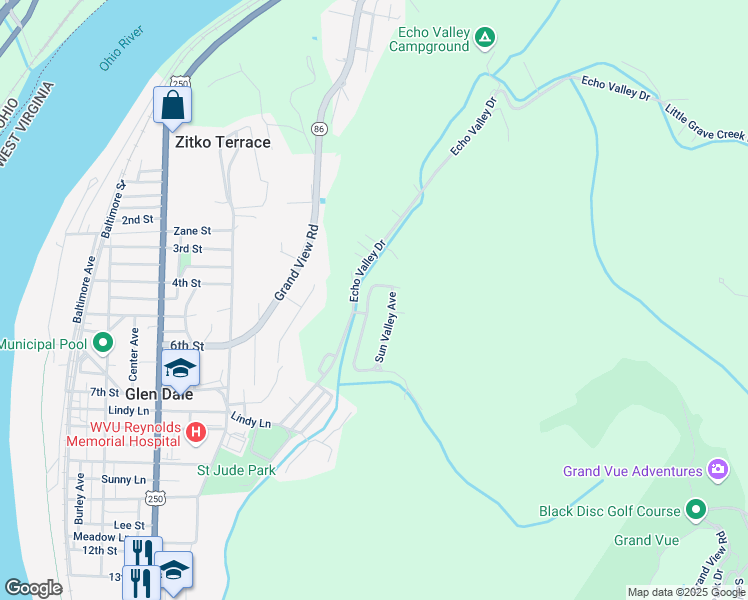 map of restaurants, bars, coffee shops, grocery stores, and more near 72 Sun Valley in Glen Dale