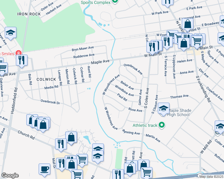 map of restaurants, bars, coffee shops, grocery stores, and more near 5 Paul Rd in Maple Shade