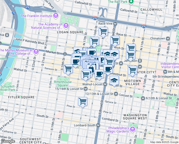 map of restaurants, bars, coffee shops, grocery stores, and more near 1508 Sansom Street in Philadelphia