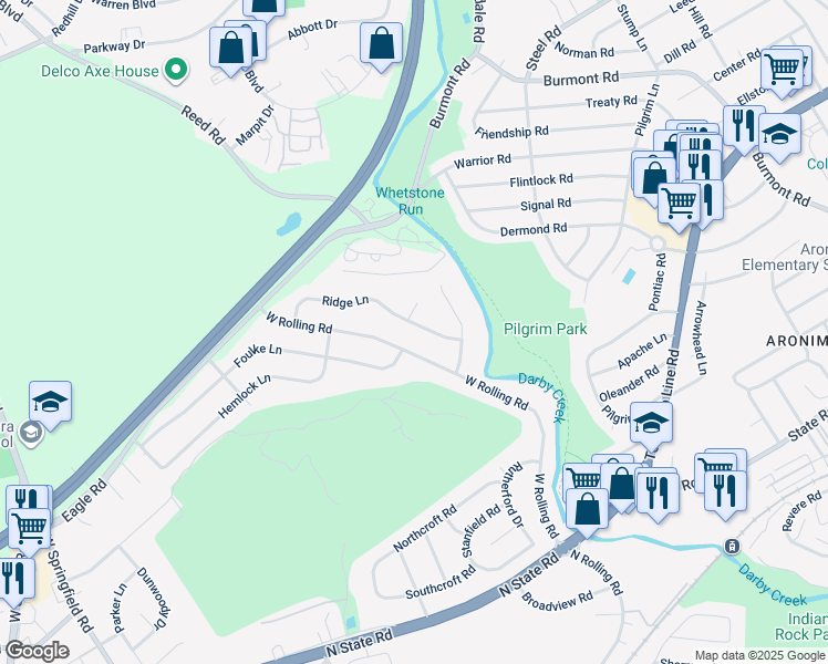 map of restaurants, bars, coffee shops, grocery stores, and more near 499 Ridge Lane in Springfield