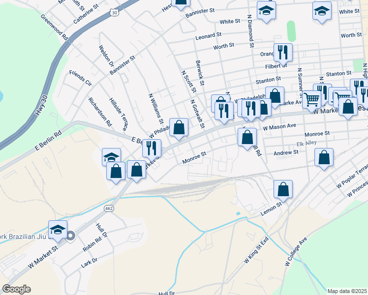 map of restaurants, bars, coffee shops, grocery stores, and more near 2310 West Market Street in York