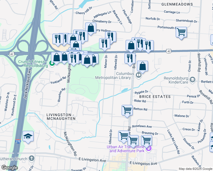 map of restaurants, bars, coffee shops, grocery stores, and more near 1310 Manor Drive in Columbus