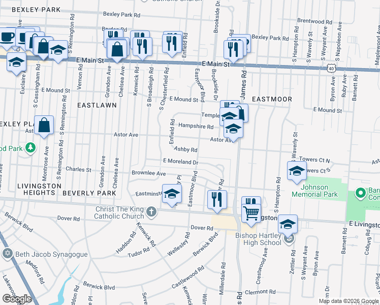 map of restaurants, bars, coffee shops, grocery stores, and more near 2891 Ashby Road in Columbus