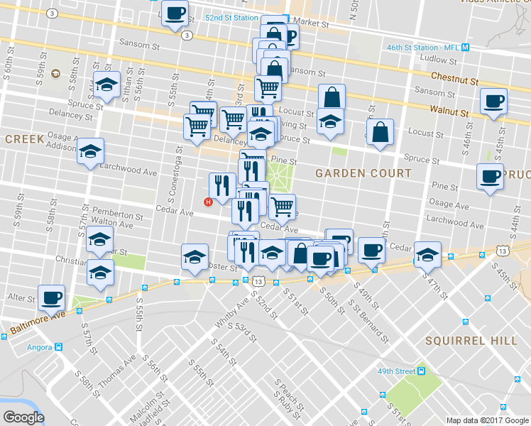 map of restaurants, bars, coffee shops, grocery stores, and more near 5132 Hazel Avenue in Philadelphia