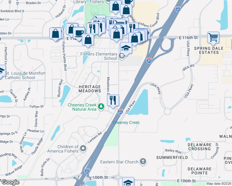 map of restaurants, bars, coffee shops, grocery stores, and more near 11225 Lantern Rd in Fishers