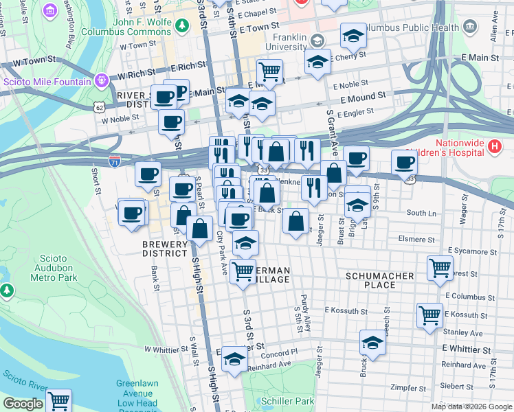 map of restaurants, bars, coffee shops, grocery stores, and more near 180 East Beck Street in Columbus