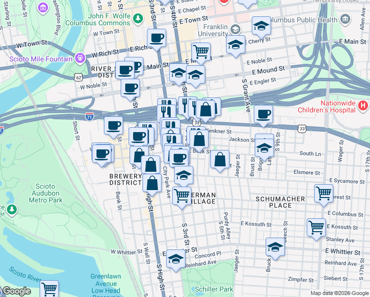 map of restaurants, bars, coffee shops, grocery stores, and more near 122 East Beck Street in Columbus