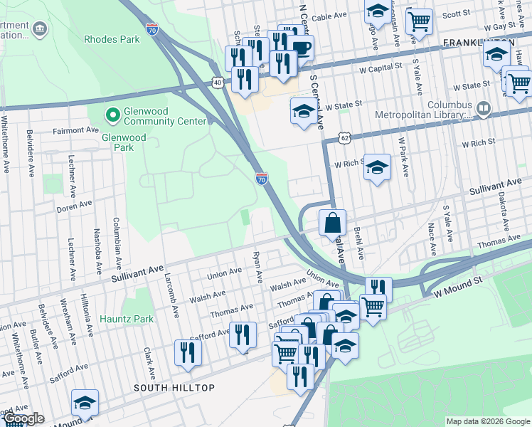 map of restaurants, bars, coffee shops, grocery stores, and more near 320 Ryan Avenue in Columbus