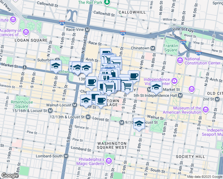 map of restaurants, bars, coffee shops, grocery stores, and more near 1100 Ludlow Street in Philadelphia