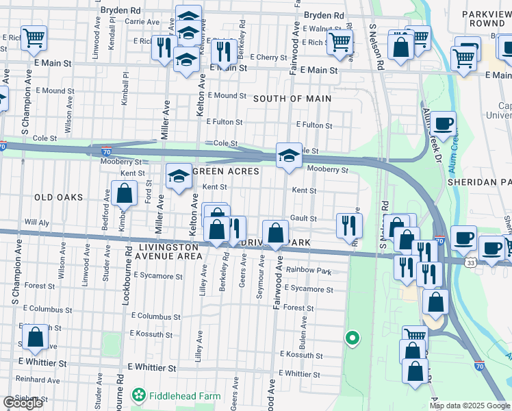 map of restaurants, bars, coffee shops, grocery stores, and more near 1574 Gault Street in Columbus