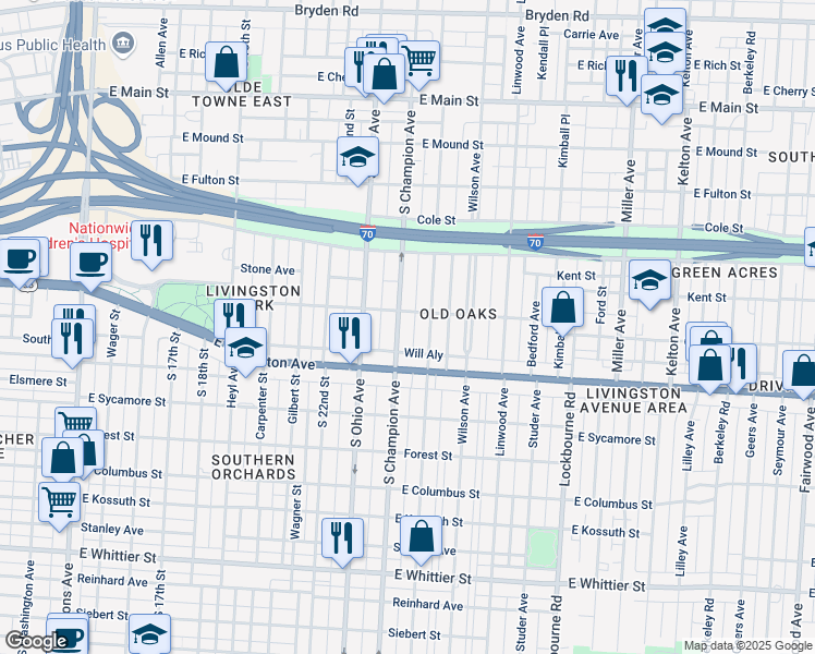 map of restaurants, bars, coffee shops, grocery stores, and more near 704 S Champion Ave in Columbus