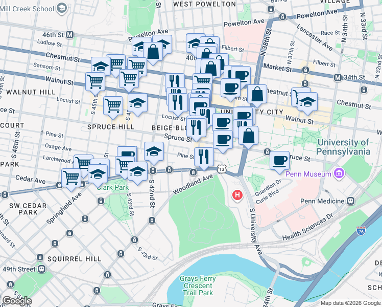 map of restaurants, bars, coffee shops, grocery stores, and more near 4015 Pine Street in Philadelphia