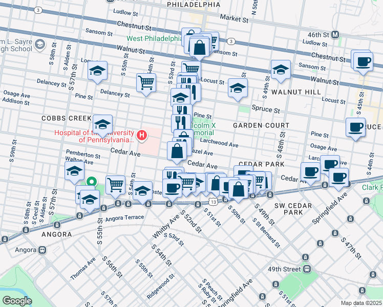 map of restaurants, bars, coffee shops, grocery stores, and more near 5132 Hazel Avenue in Philadelphia