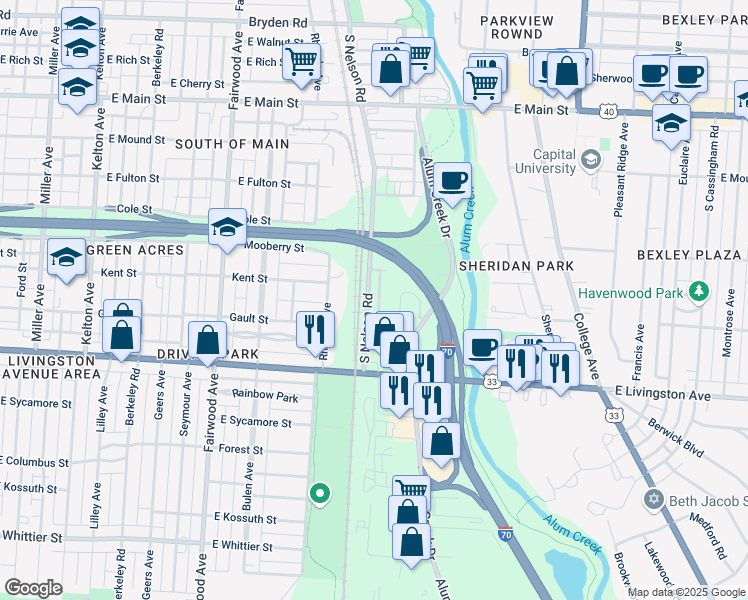 map of restaurants, bars, coffee shops, grocery stores, and more near 819 Lyman Avenue in Columbus