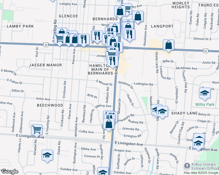 map of restaurants, bars, coffee shops, grocery stores, and more near 1162 Kelburn Road in Columbus