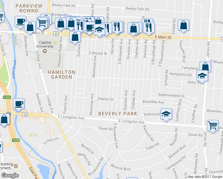 map of restaurants, bars, coffee shops, grocery stores, and more near 912 Vernon Road in Columbus