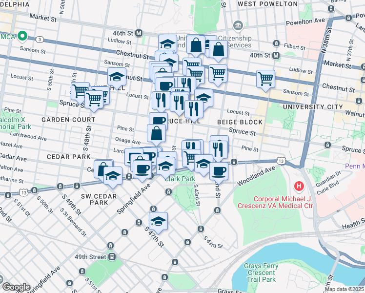 map of restaurants, bars, coffee shops, grocery stores, and more near 4329 Osage Avenue in Philadelphia