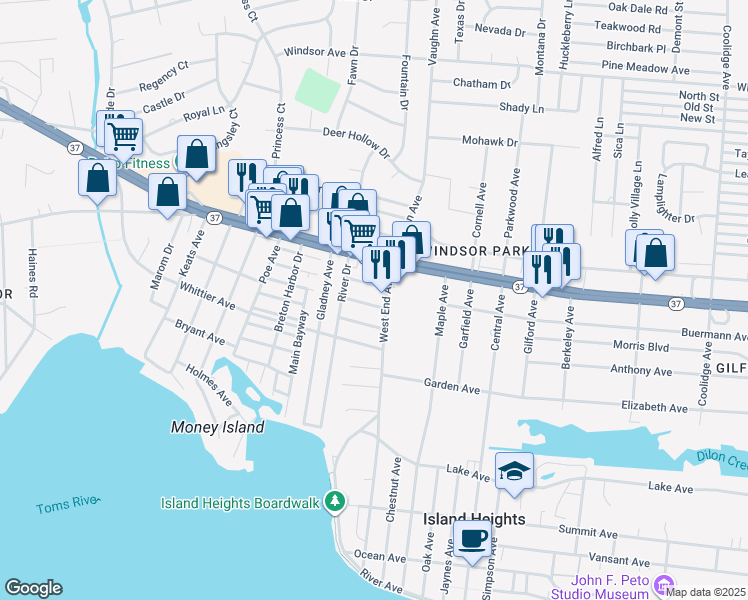 map of restaurants, bars, coffee shops, grocery stores, and more near 1640 Farragut Ave in Toms River