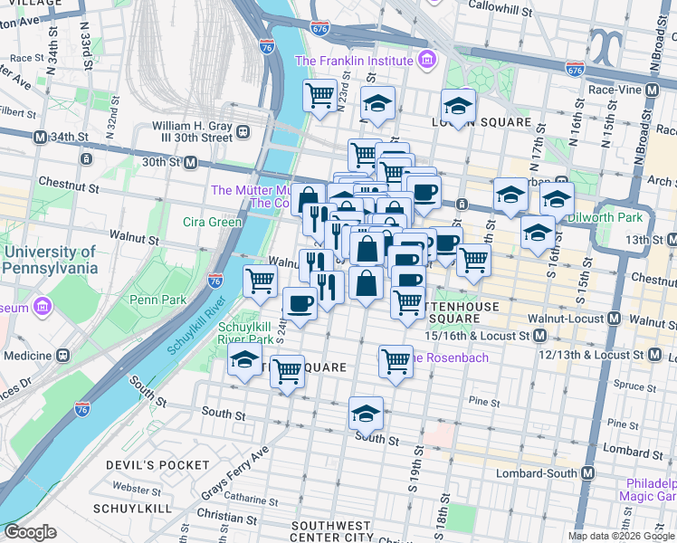 map of restaurants, bars, coffee shops, grocery stores, and more near Walnut St & S 22nd St in Philadelphia