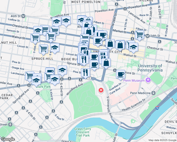 map of restaurants, bars, coffee shops, grocery stores, and more near 3930 Delancey St in Philadelphia